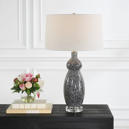 Velino Table Lamp by Uttermost in gray, black. Made from iron, crystal, fabric, glass in a modern style.