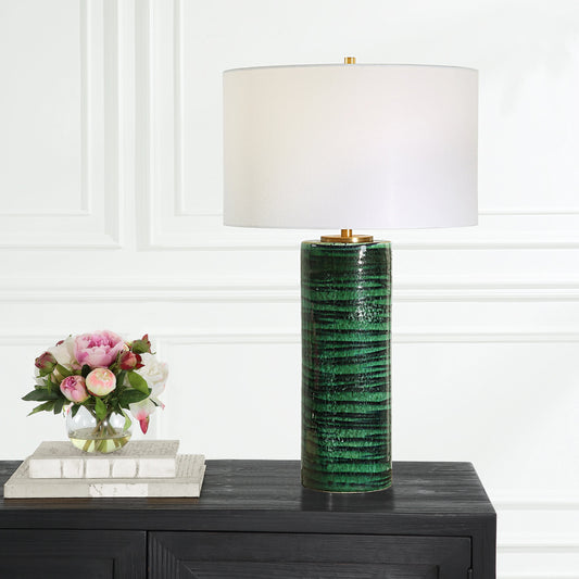 Galeno Emerald Table Lamp by Uttermost in dark emerald. Made from ceramic, iron, fabric in a modern style.