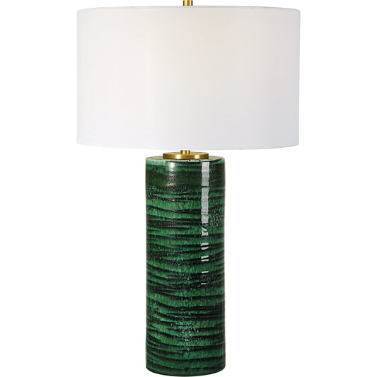 Galeno Emerald Table Lamp by Uttermost in dark emerald. Made from ceramic, iron, fabric in a modern style.