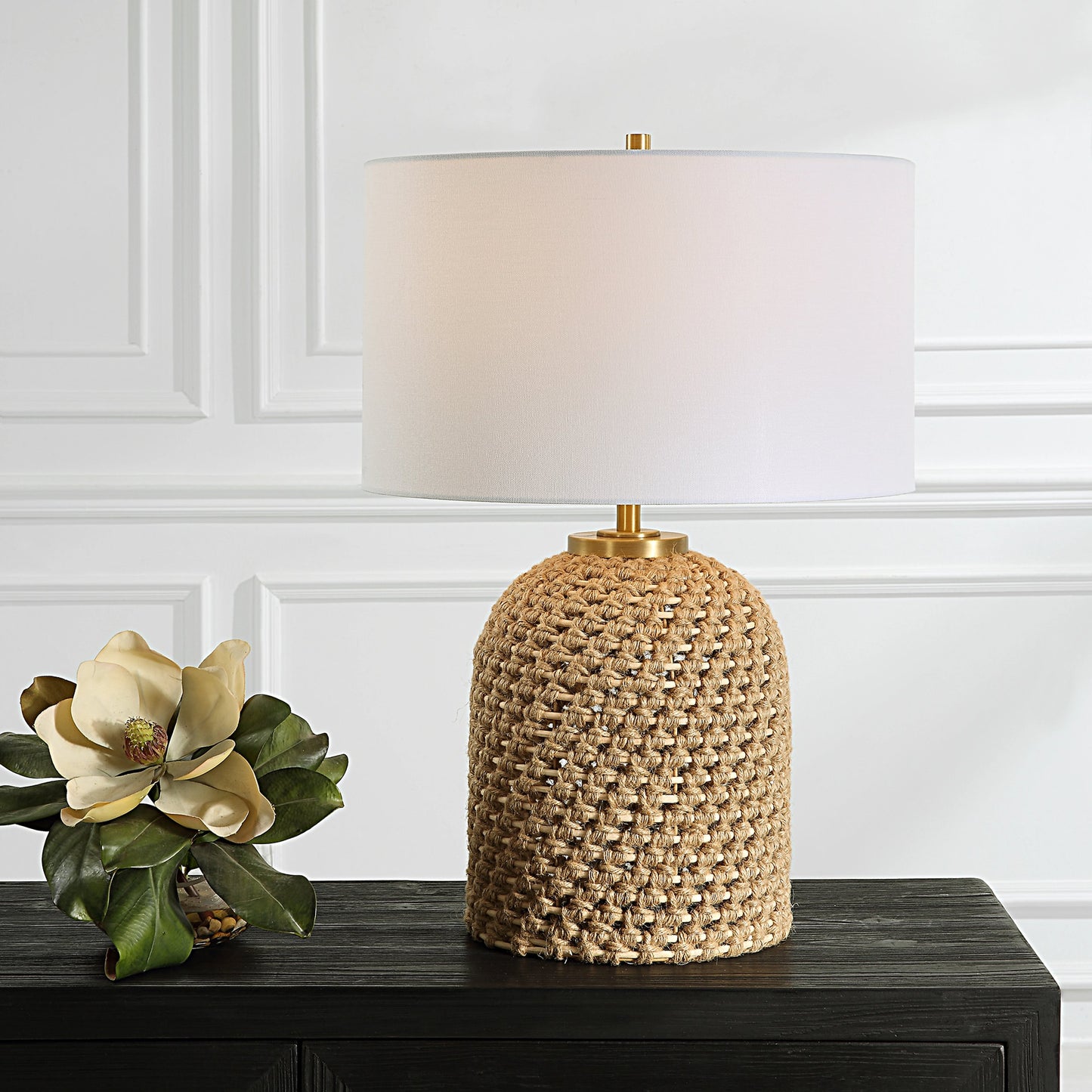 005 SI-2108123 | Lifestyle | Kendari Table Lamp by Uttermost in natural, brass. Made from rope, iron, fabric, rattan in a modern style.
