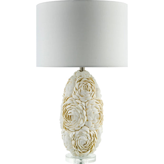 Lunge Accent Table Lamp by Livabliss in body: white, clear; base: clear; shade: white; finial: clear; harp: metallic - nickel; cord: translucent and plated, inlaid, translucent. Made from shell, crystal, linen, polyester in