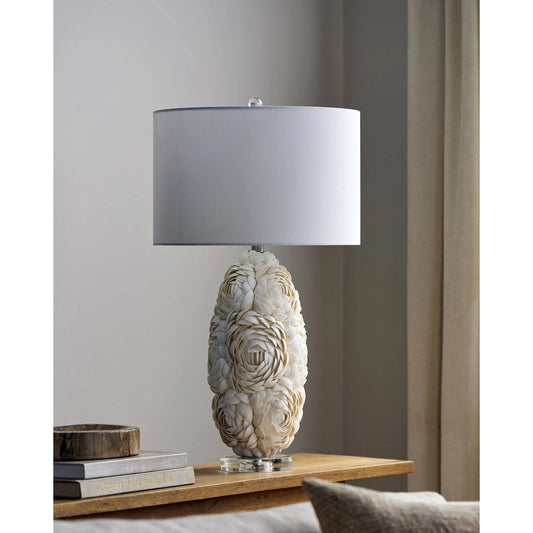 Lunge Accent Table Lamp by Livabliss in body: white, clear; base: clear; shade: white; finial: clear; harp: metallic - nickel; cord: translucent and plated, inlaid, translucent. Made from shell, crystal, linen, polyester in a m