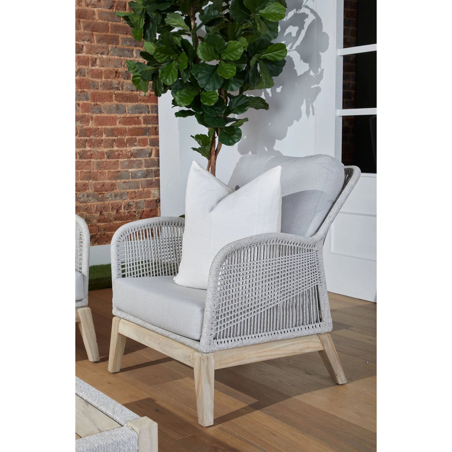 016 SI-2021723 | Lifestyle | Loom Club Chair by Essentials For Living in gray teak, taupe, white flat rope, performance pumice. Made from solid teak wood, aluminum, 100% polyolefin rope, 100% olefin fabric, foam in a coastal style.