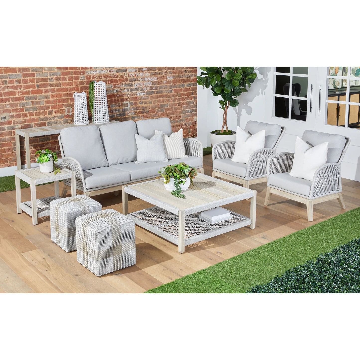 014 SI-2021723 | Lifestyle | Loom Club Chair by Essentials For Living in gray teak, taupe, white flat rope, performance pumice. Made from solid teak wood, aluminum, 100% polyolefin rope, 100% olefin fabric, foam in a coastal style.