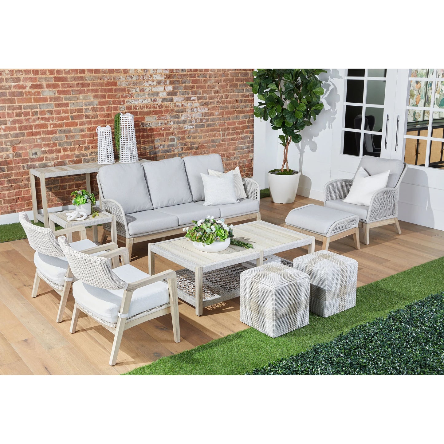 015 SI-2021723 | Lifestyle | Loom Club Chair by Essentials For Living in gray teak, taupe, white flat rope, performance pumice. Made from solid teak wood, aluminum, 100% polyolefin rope, 100% olefin fabric, foam in a coastal style.