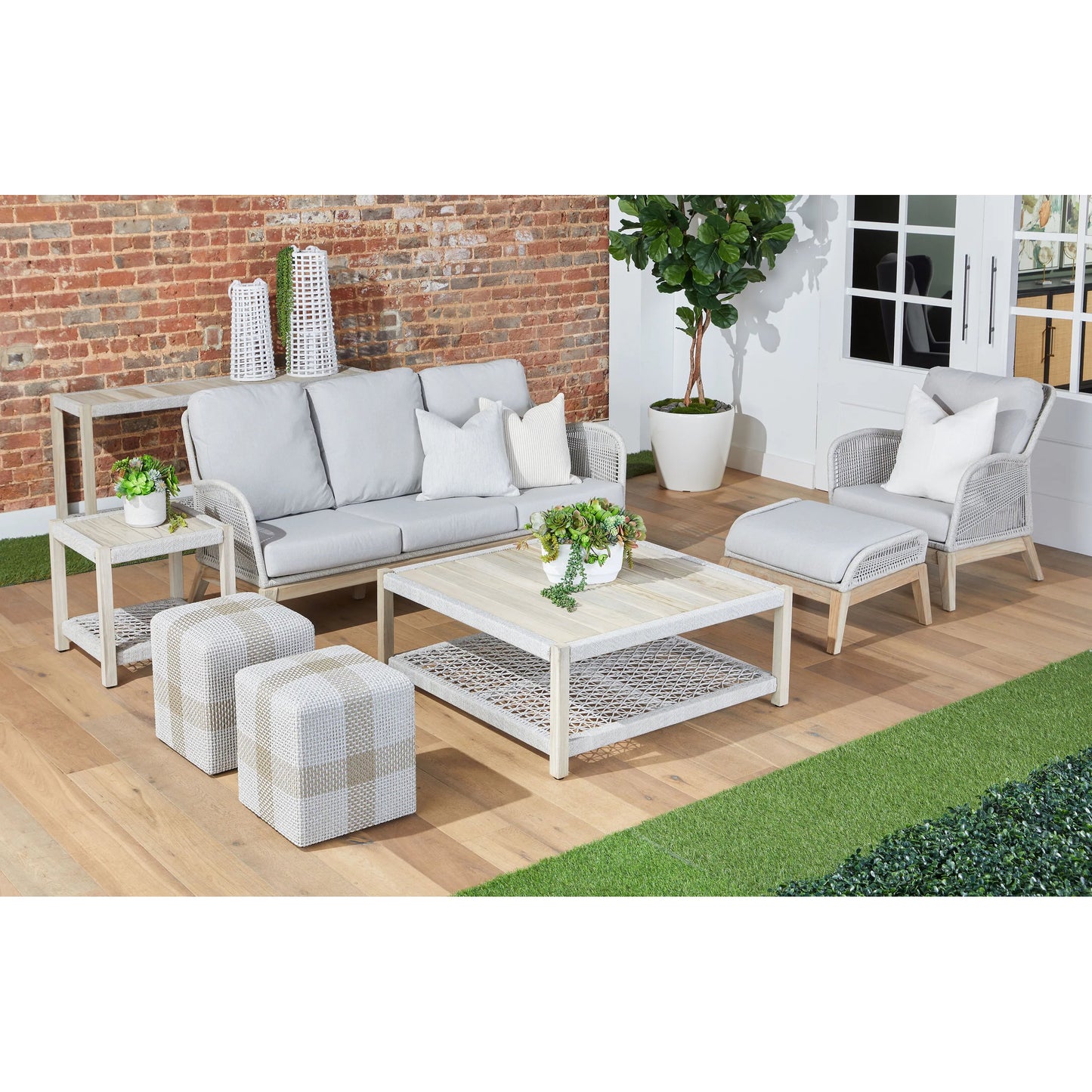 020 SI-2021724 | Lifestyle | Loom Footstool by Essentials For Living in gray teak, taupe, white flat rope, performance pumice. Made from solid teak wood, aluminum, 100% polyolefin rope, 100% olefin fabric, foam in a coastal style.