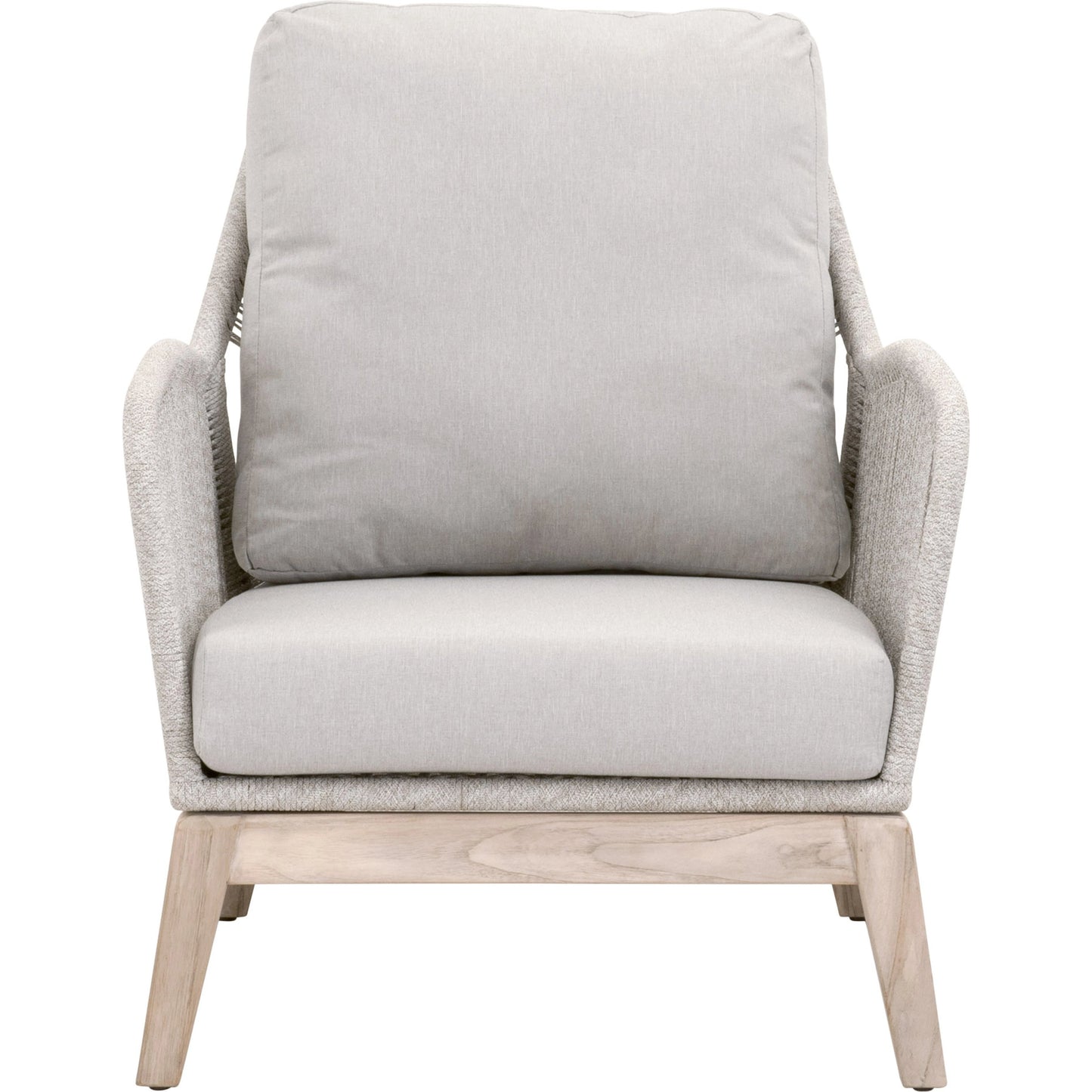004 SI-2021723 | Additional Silo | Loom Club Chair by Essentials For Living in gray teak, taupe, white flat rope, performance pumice. Made from solid teak wood, aluminum, 100% polyolefin rope, 100% olefin fabric, foam in a coastal style.