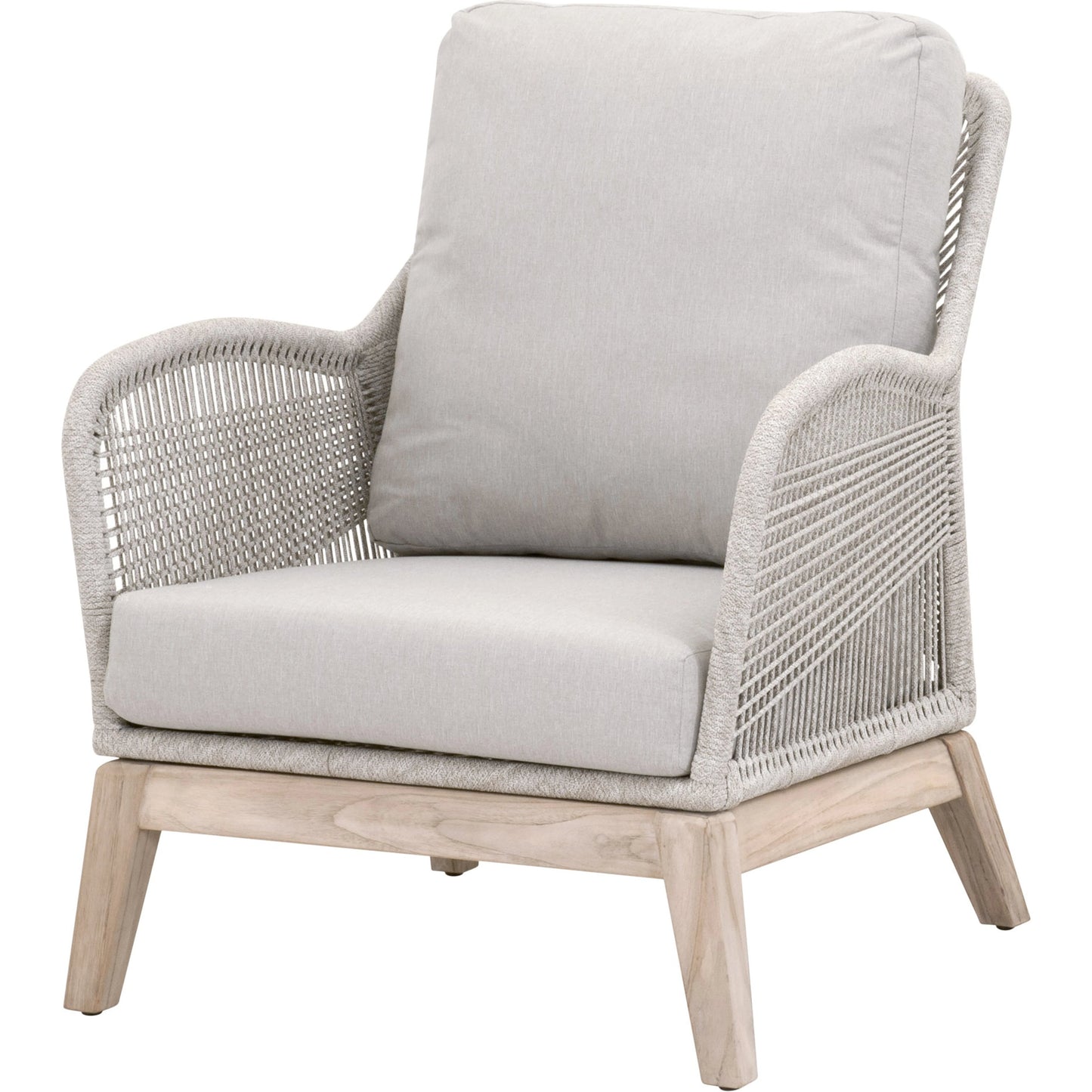001 SI-2021723 | Additional Silo | Loom Club Chair by Essentials For Living in gray teak, taupe, white flat rope, performance pumice. Made from solid teak wood, aluminum, 100% polyolefin rope, 100% olefin fabric, foam in a coastal style.