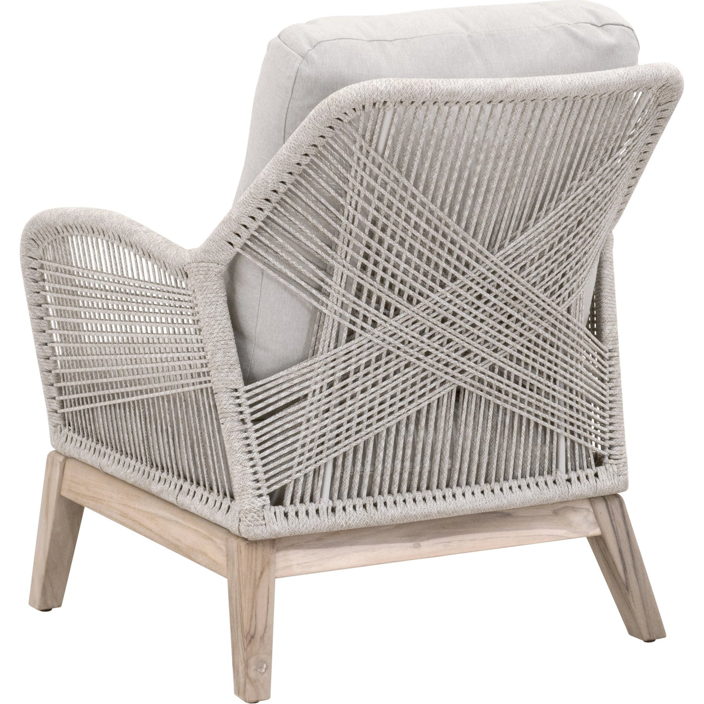 002 SI-2021723 | Additional Silo | Loom Club Chair by Essentials For Living in gray teak, taupe, white flat rope, performance pumice. Made from solid teak wood, aluminum, 100% polyolefin rope, 100% olefin fabric, foam in a coastal style.