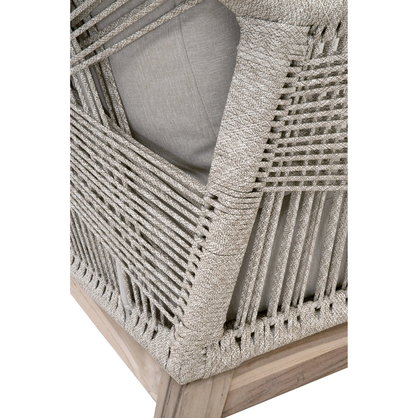 009 SI-2021723 | Additional Silo | Loom Club Chair by Essentials For Living in gray teak, taupe, white flat rope, performance pumice. Made from solid teak wood, aluminum, 100% polyolefin rope, 100% olefin fabric, foam in a coastal style.
