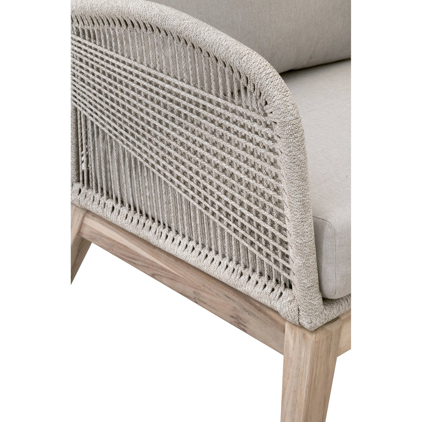 008 SI-2021723 | Additional Silo | Loom Club Chair by Essentials For Living in gray teak, taupe, white flat rope, performance pumice. Made from solid teak wood, aluminum, 100% polyolefin rope, 100% olefin fabric, foam in a coastal style.