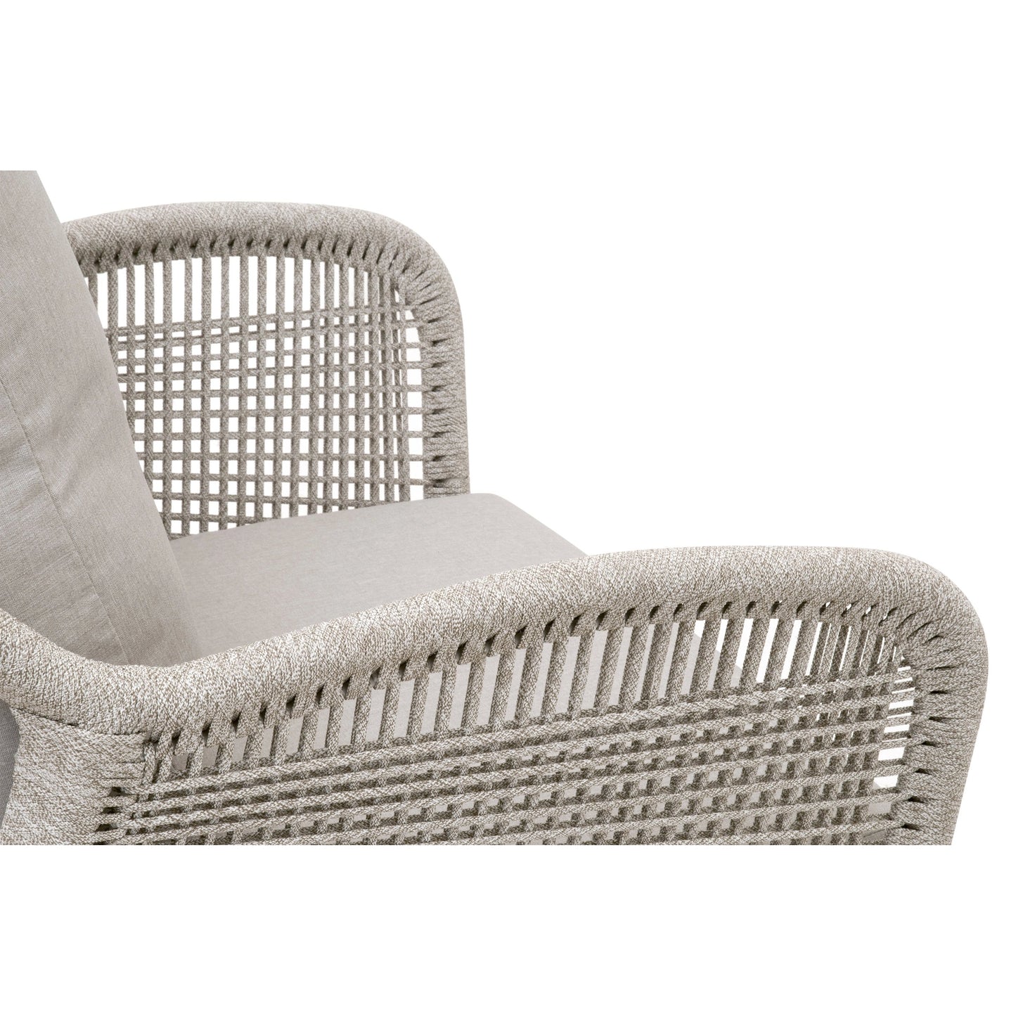 007 SI-2021723 | Additional Silo | Loom Club Chair by Essentials For Living in gray teak, taupe, white flat rope, performance pumice. Made from solid teak wood, aluminum, 100% polyolefin rope, 100% olefin fabric, foam in a coastal style.