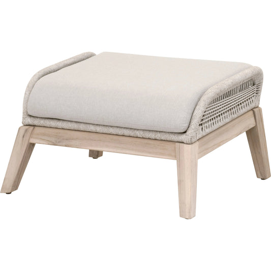 001 SI-2021724 | Primary Silo | Loom Footstool by Essentials For Living in gray teak, taupe, white flat rope, performance pumice. Made from solid teak wood, aluminum, 100% polyolefin rope, 100% olefin fabric, foam in a coastal style.