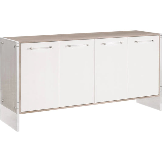 Lorin Shagreen Media Sideboard by Essentials For Living in pearl shagreen, natural gray acacia. Made from acacia veneer, faux shagreen resin, solid rubberwood, solid beech, mdf, acrylic, metal in a modern style.