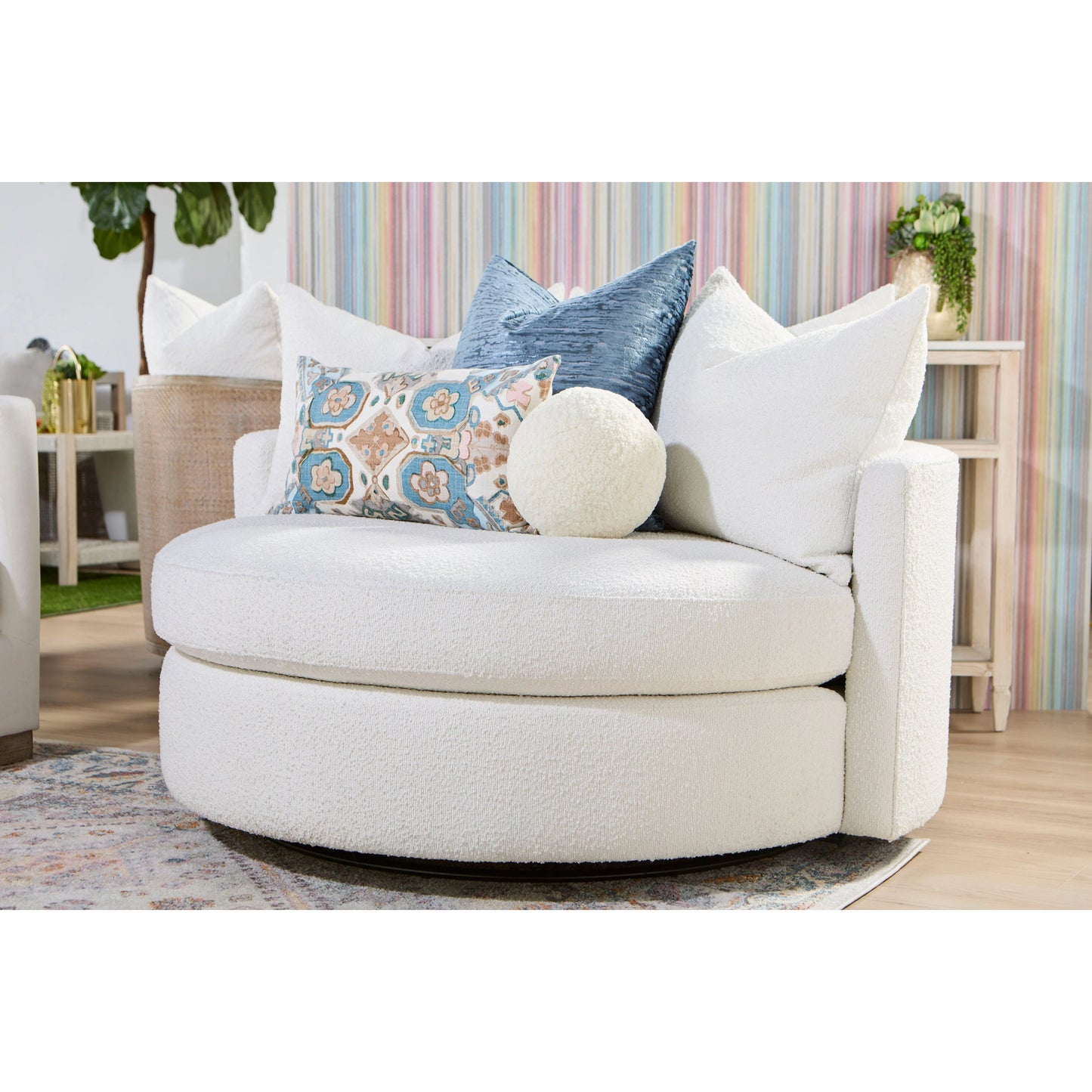 005 SI-2021728 | Lifestyle | Lourne Grand Swivel Sofa Chair by Essentials For Living in performance boucle snow. Made from mdf, plywood, metal, 96% polyester/4% acrylic fabric, foam, down blend, down feather in a modern style.