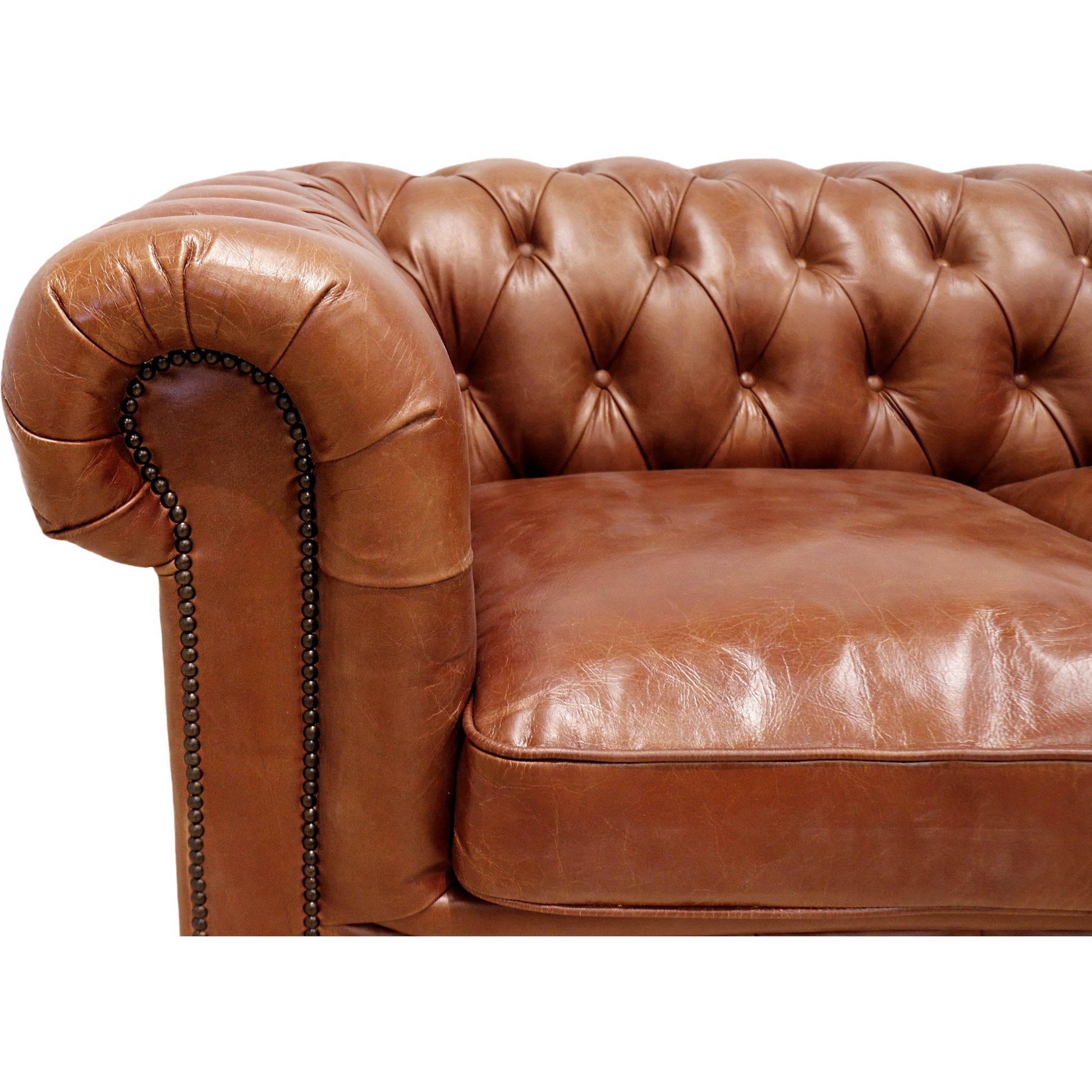 Chester Bay Loveseat by Pasargad Home in brown. Made from leather in a traditional style.