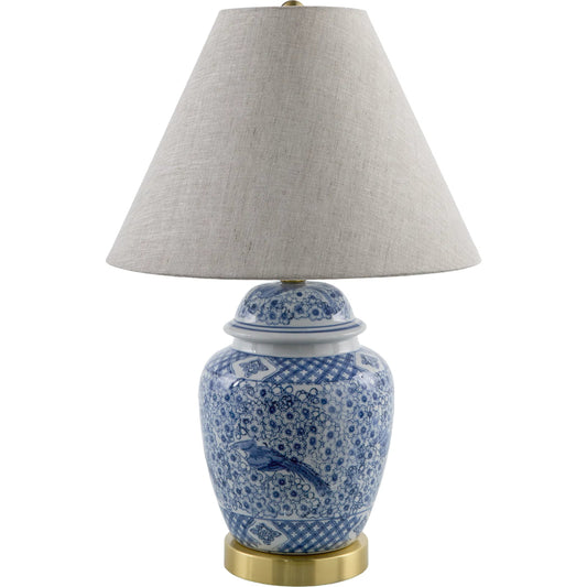 Lepi Accent Table Lamp 625354 by Livabliss in body: blue, metallic - brass; base: clear; shade (outside): gray; shade (inside): wheat; finial: clear; harp: metallic - brass; cord: translucent and platedglazedplatedplated. Ma