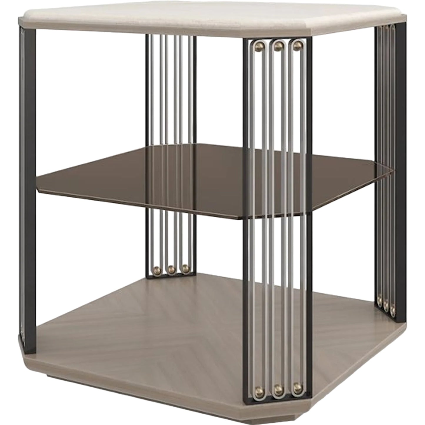 001 SI-2162899 | Primary Silo | Alloy End Table by Caracole in dry martini. brushed gold, brushed stainless, deep bronze. Made from poplar, stone, koto in a unique style.