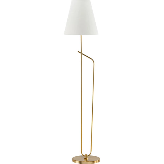 Loreto Accent Floor Lamp by Livabliss in body: metallic - brass; base: metallic - brass; shade: white; cord: black and electroplated. Made from iron, linen, plastic in a modern style.