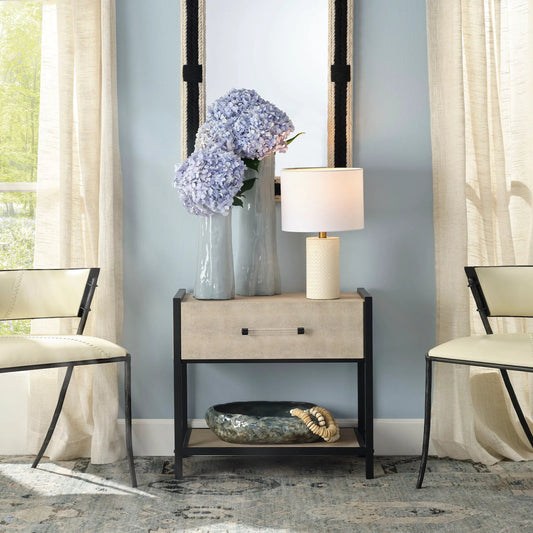 Cassius Side Table by Lifestyle by JY in taupe and taupe shagreen, black metal. Made from metal: iron, mdf, pvc: faux shagreen in a transitional style.