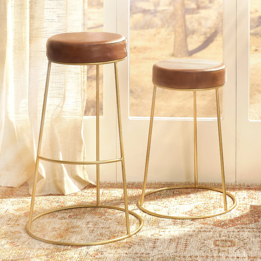 Henry Round Leather Bar Stool by Lifestyle by JY. Made from leather, metal in a modern style.