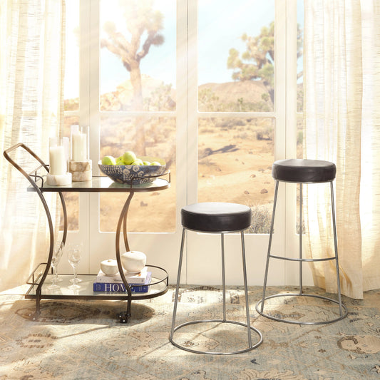 Henry Round Leather Bar Stool by Lifestyle by JY in matte charcoal, pewter metal. Made from leather, metal in a modern style.