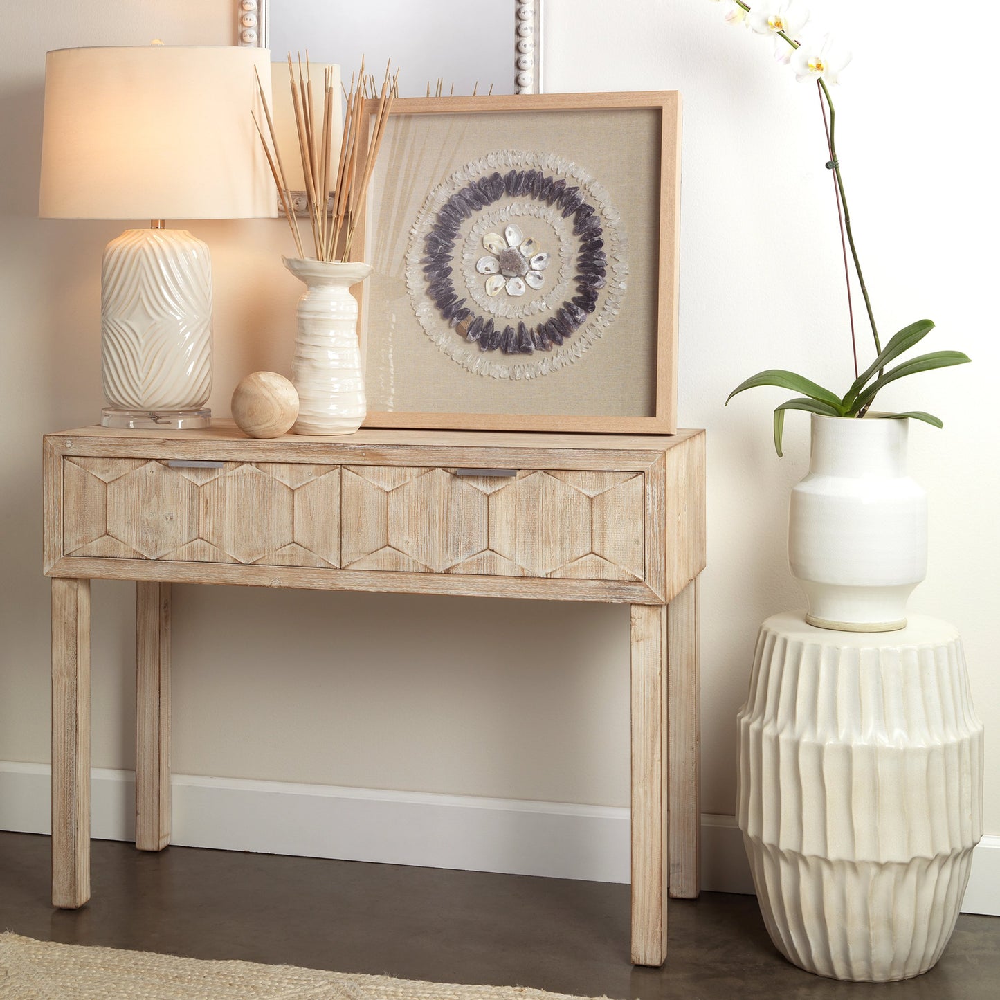 004 SR-912962 | Lifestyle | Juniper Two Drawer Console by The Livingston Collection in gray washed wood. Made from wood in a coastal style.