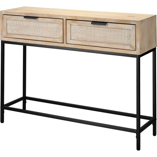 Reed Console Table by Lifestyle by JY in washed wood, black metal. Made from mdf with natural fir veneer, rattan weaving panel, iron in a modern style.