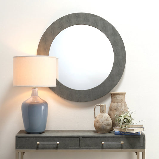 Chester Round Mirror by Lifestyle by JY. Made from faux shagreen and glass in a modern style.