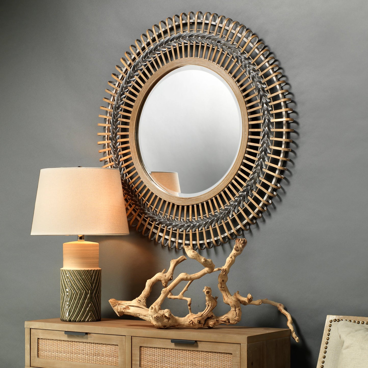 005 SR-867140 | Lifestyle | Grove Braided Mirror by Lifestyle by JY in gray, natural. Made from bamboo in a modern style.