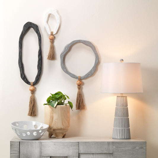 Mirage Abstract Wall Art by Lifestyle by JY in white, black, gray with natural wood bead, jute tassel. Made from resin in a cottage & farmhouse style.