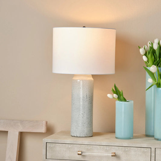 Bella Table Lamp by Jamie Young in light blue patterned. Made from ceramic in a modern style.