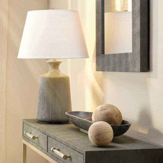 Brenton Table Lamp by Jamie Young in grey. Made from ceramic in a modern style.