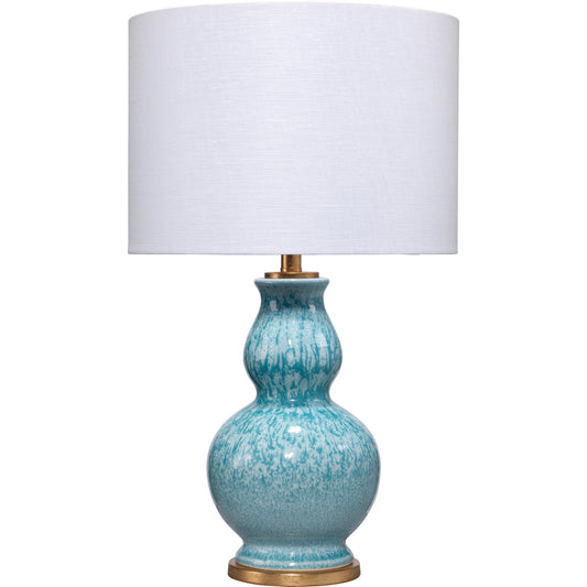Whitney Table Lamp by Lifestyle by JY in blue reactive glaze ceramic w/ gold leaf metal. Made from blue reactive glaze ceramic, gold leaf metal in a traditional style.