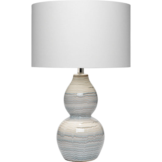 Catalina Wave Table Lamp by Jamie Young in white, blue patterned ceramic. Made from ceramic, linen in a modern style.