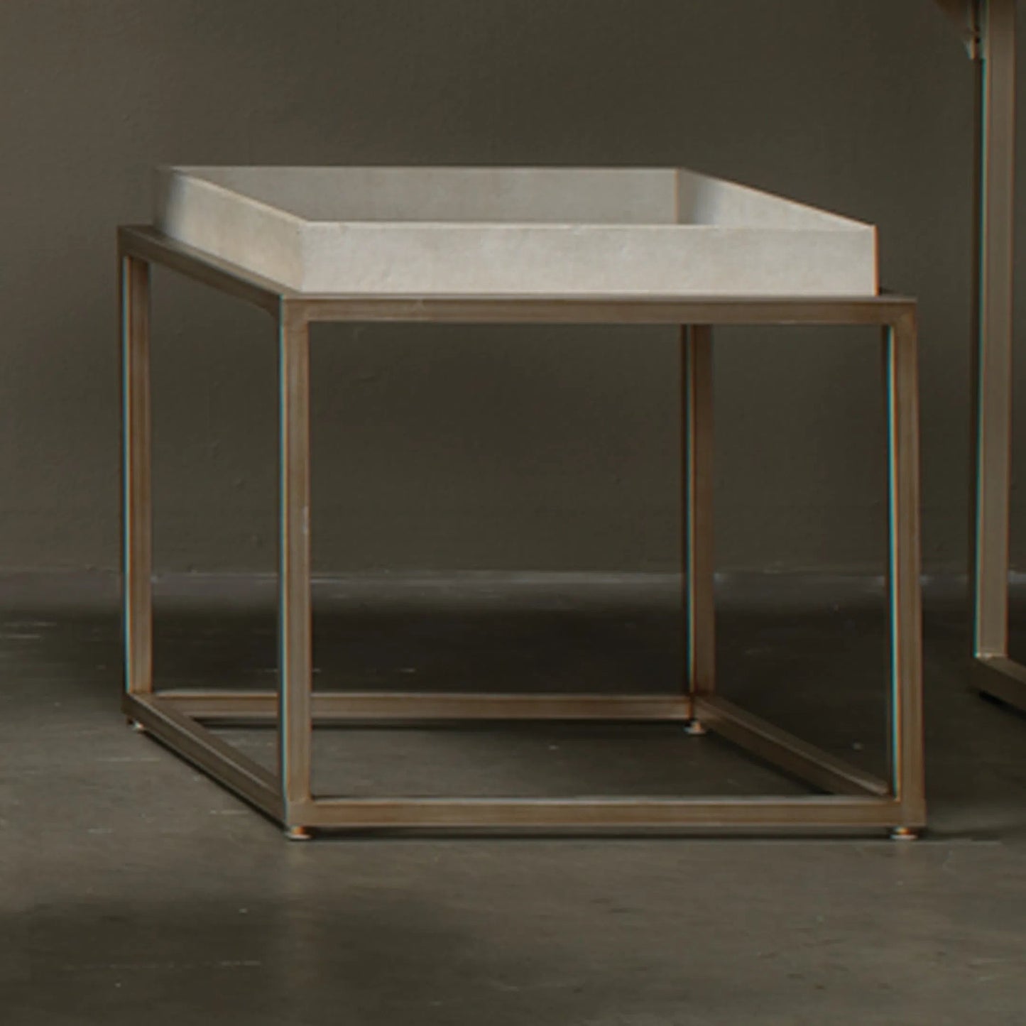 003 SR-819670 | Additional Silo | Jax Square Side Table by The Livingston Collection in ivory faux shagreen, antique brass metal. Made from faux shagreen, metal in a transitional style.