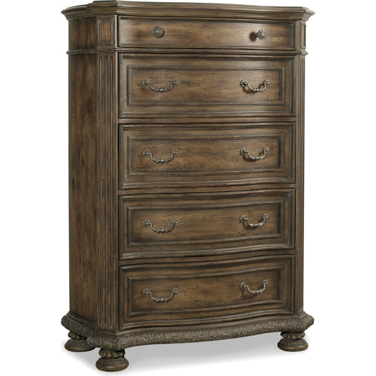 001 SI-1749459 | Primary Silo | Rhapsody Five Drawer Chest by Hooker Furniture in rustic walnut. Made from pecan veneers in a traditional style.