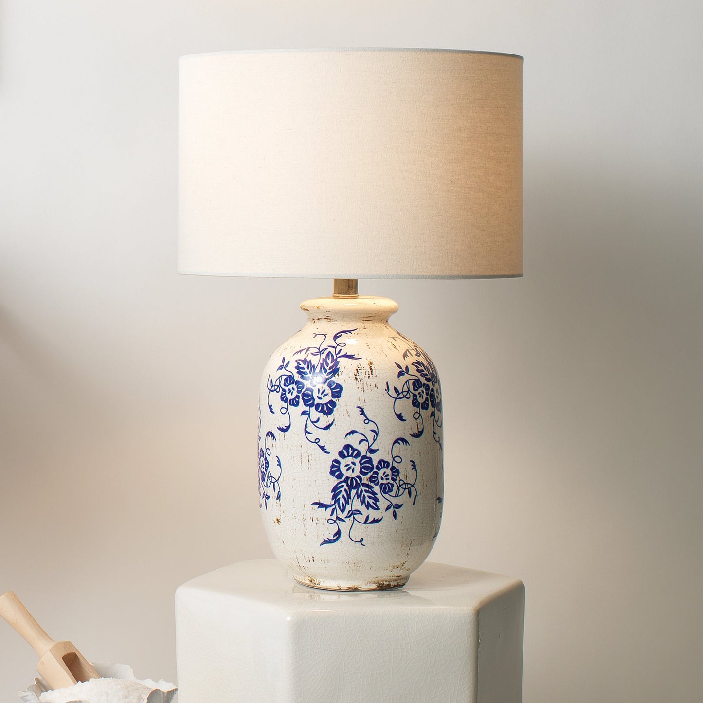 004 SR-819722 | Lifestyle | Ruth Table Lamp by Lifestyle by JY in white, blue patterned ceramic. Made from ceramic, cotton in a cottage & farmhouse style.