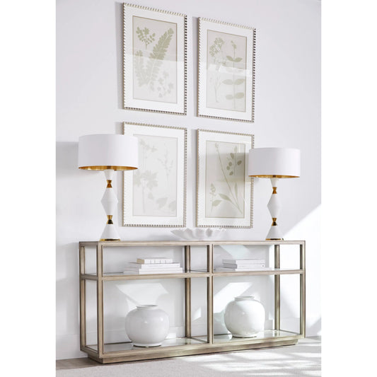 Cove Console Table by A.R.T. Furniture in grey and mica. Made from rubberwood solids, primavera veneer, glass, cork in a modern style.