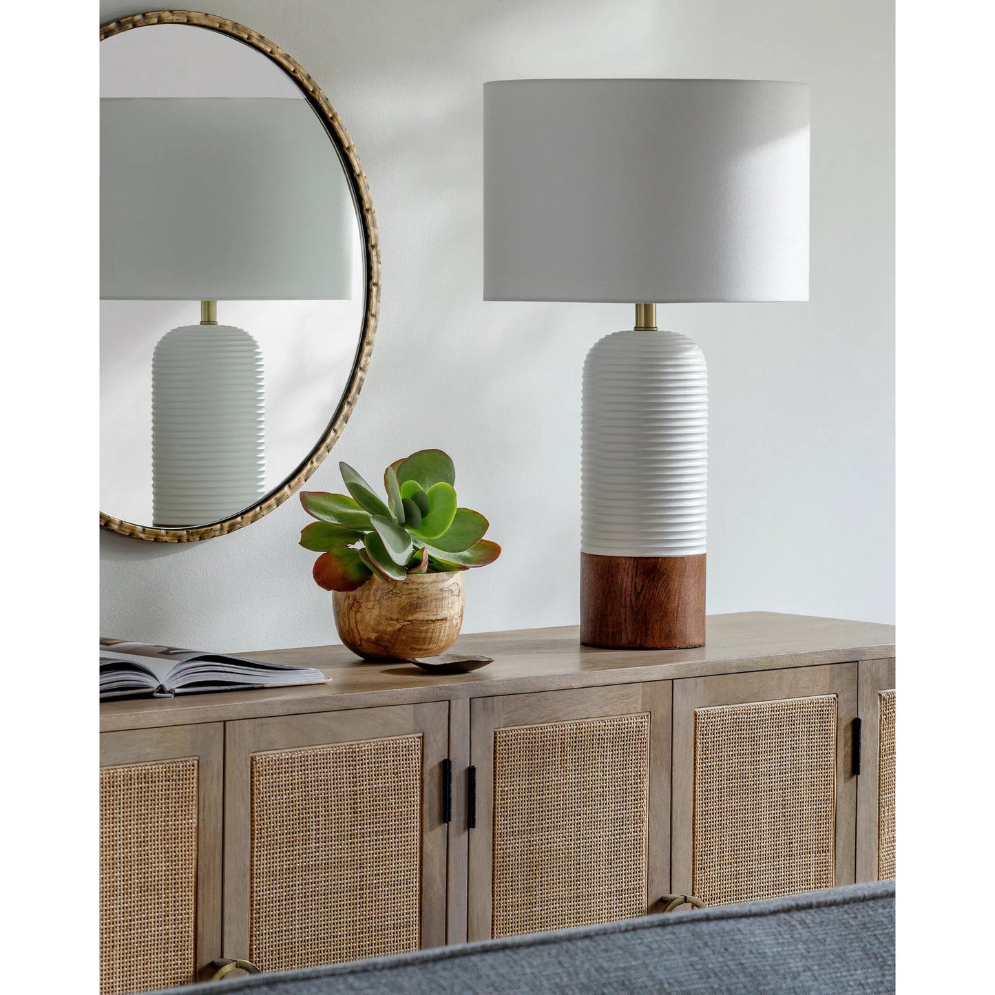 002 SI-2168132 | Lifestyle | Livia Table Lamp - 531735 by Livabliss in body: white, shade: white, finial: brown, harp: metallic - brass, cord: translucent and coloredcolored. Made from resin, linen, polyester, iron in a modern style.