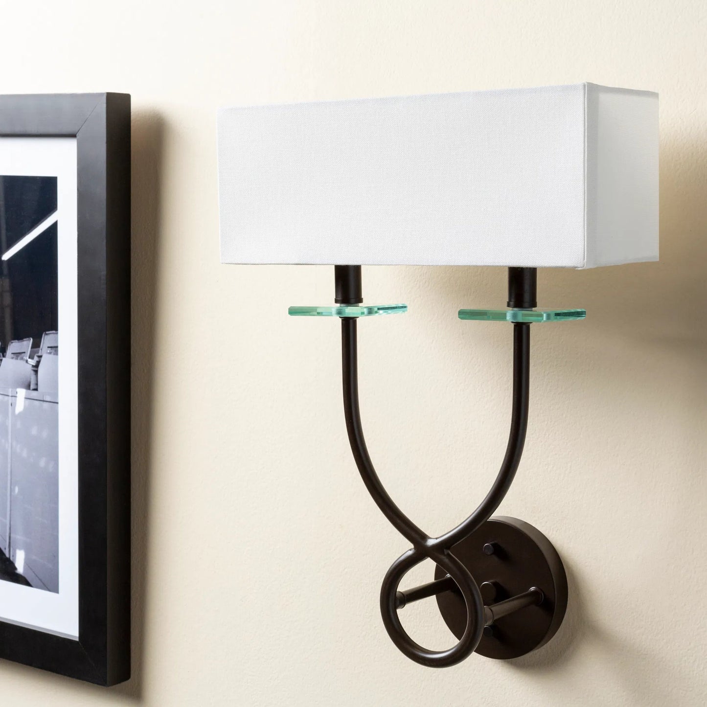 004 SI-1905621 | Lifestyle | Livi Wall Sconce - 25190 by Surya in white, metallic bronze, clear and paintedpowder coatedtranslucent. Made from linen, polyester, glass, metal in a modern style.
