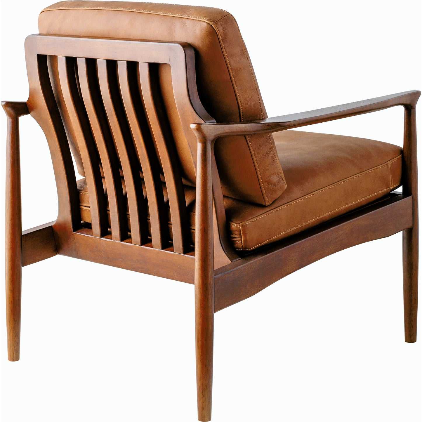 003 SI-2164456 | Closeup | Lewiston Accent Chair - 528561 by Surya in upholstery: brown, base: brown and painted. Made from leather, rubber wood, polyurethane foam, dacron in a transitional style.