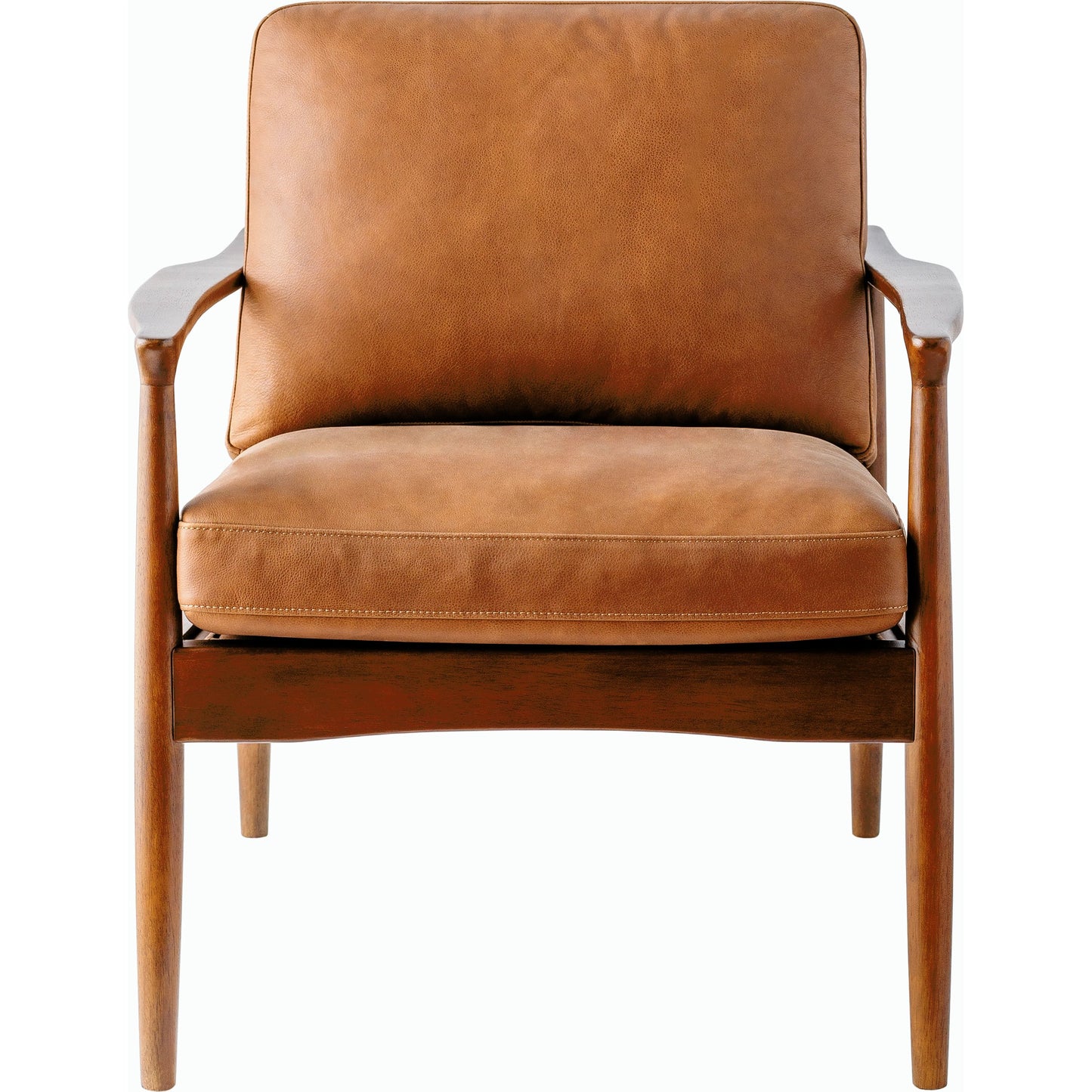 002 SI-2164456 | Closeup | Lewiston Accent Chair - 528561 by Surya in upholstery: brown, base: brown and painted. Made from leather, rubber wood, polyurethane foam, dacron in a transitional style.