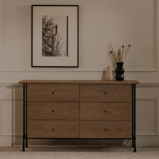 Rene 6 Drawer Dresser by Moe's Home Collection in vintage brown. Made from acacia wood, hammered iron frame in a transitional style.