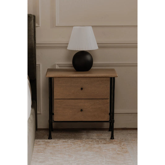 Rene Nightstand by Moe's Home Collection in vintage brown. Made from acacia wood, hammered iron frame in a transitional style.