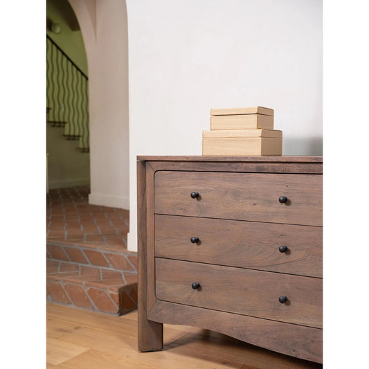 Mabel 6 Drawer Dresser by Moe's Home Collection in dark brown. Made from entire structure, drawer front, solid acacia wood, drawer acacia veneer over mdf in a unique style.
