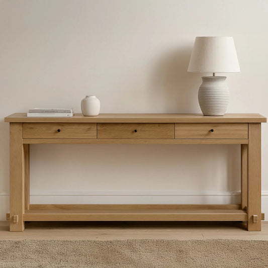 Morey Console Table by Moe's Home Collection in natural. Made from solid oak, thick oak veneer over mdf top in a unique style.