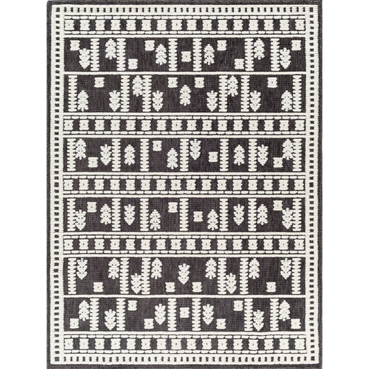 Lyna Rug by Livabliss in black, off-white. Made from main: 70% polypropylene, main: 30% polyester in a eclectic & global style.