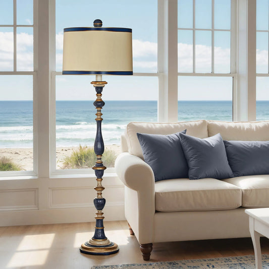 Windsor Blue Floor Lamp by Bradburn Home in blue, gold. Made from wood in a traditional style.