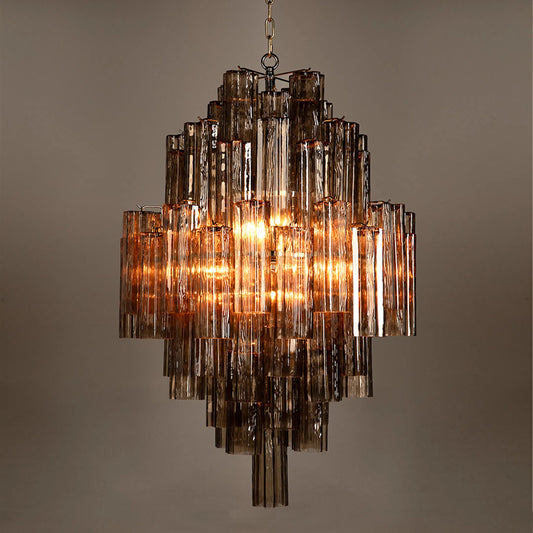 Coco Chandelier by Noir in silver. Made from industrial steel, smoke glass in a traditional style.